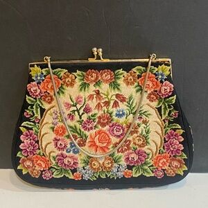 Vintage Petit Point Embroidered Purse Evening Bag Floral Design Roses Gold Tone